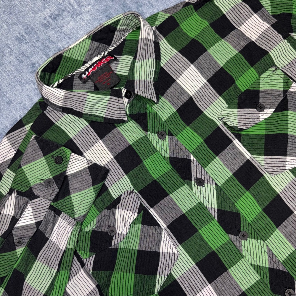 Tony Hawk Mens XL Green Black Plaid Long Sleeve Button Down Shirt Textured